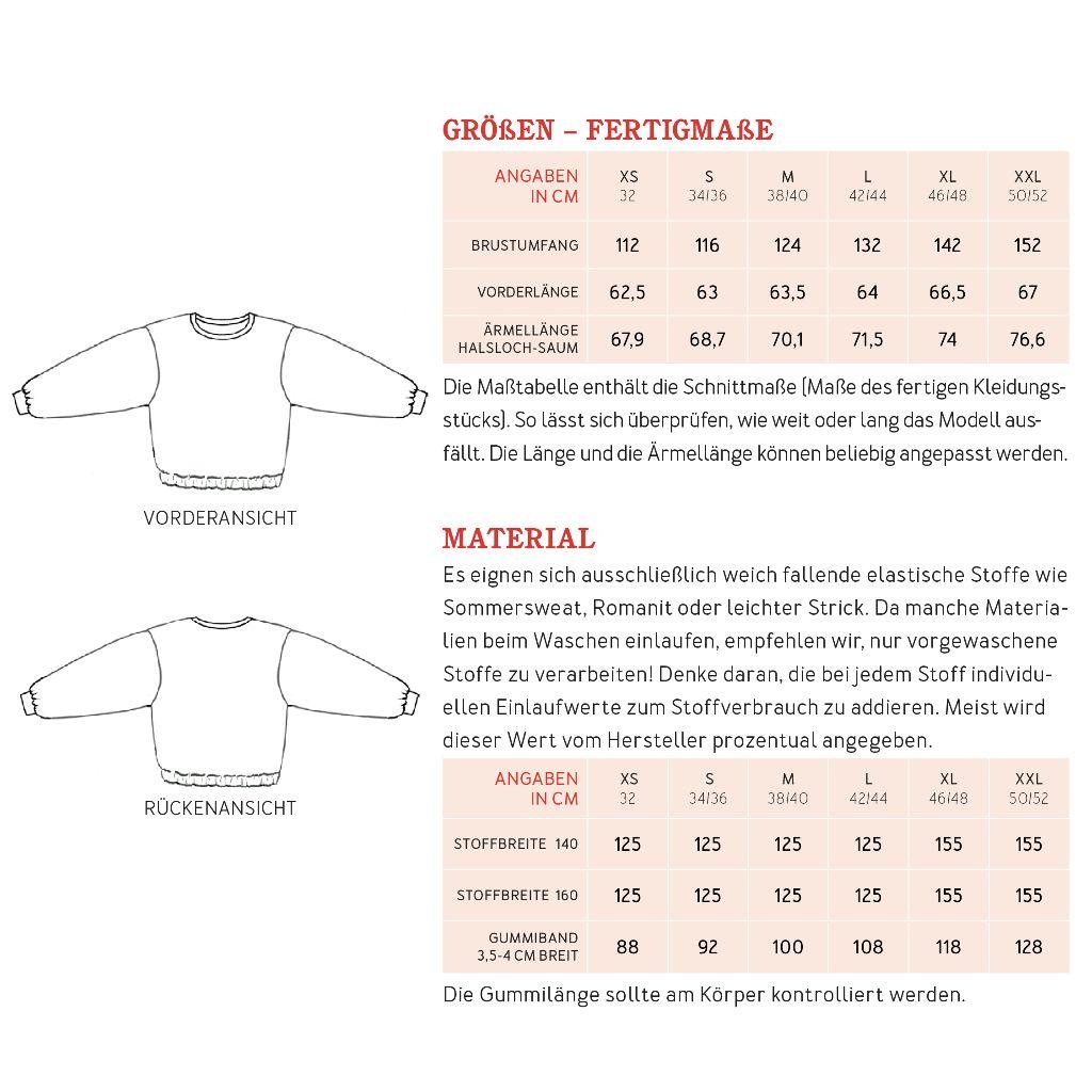 Papierschnittmuster Sweater mit Gummibund  Frau Ema XS-XXL